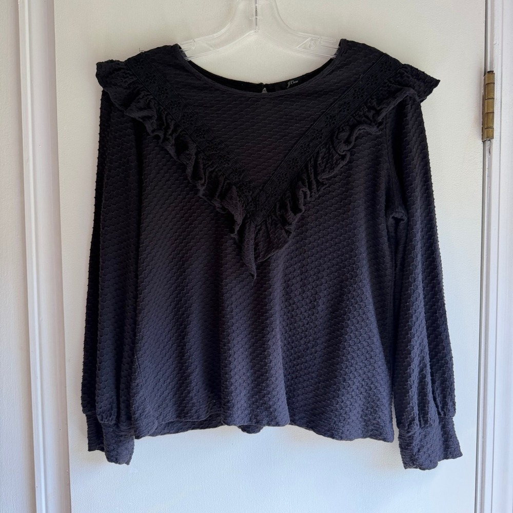 J.Crew Womens Black Textured Ruffle Eyelet Lace Long Sleeve Blouse XS